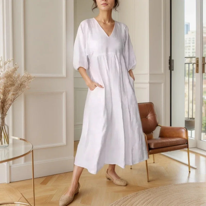 Free Soul™ in Cotton Linen with V-Neck and Wide Sleeves / For Women Who Dance with the Wind and Wear Lightness!