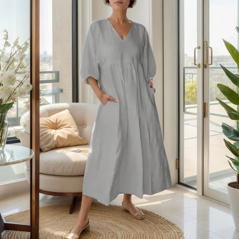 Free Soul™ in Cotton Linen with V-Neck and Wide Sleeves / For Women Who Dance with the Wind and Wear Lightness!