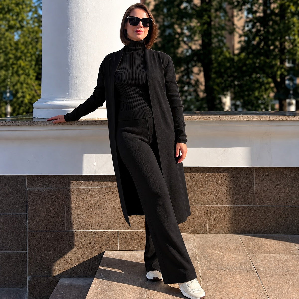 Set Sienna™ with Ribbed Turtleneck Tank, Long Cardigan and Wide-Leg Pants
