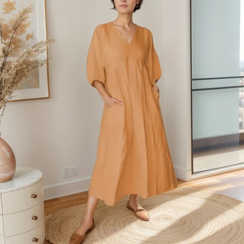 Free Soul™ in Cotton Linen with V-Neck and Wide Sleeves / For Women Who Dance with the Wind and Wear Lightness!