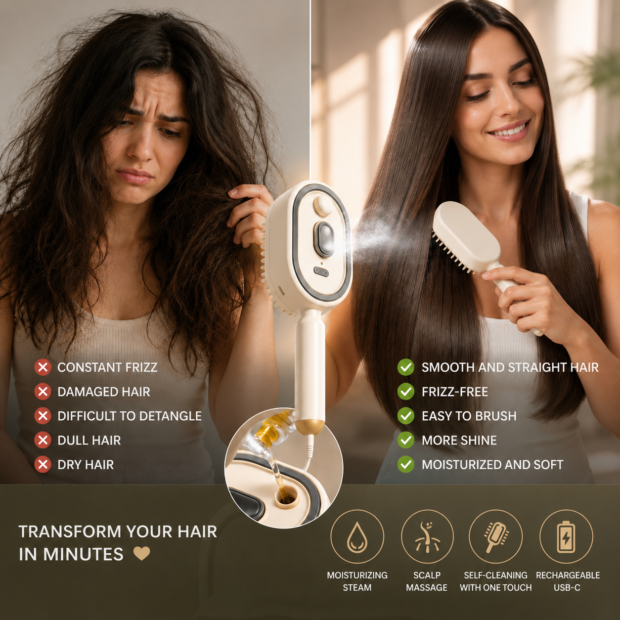 MistCare™ 3-in-1 Electric Hair Brush with Frizz Control, Gentle Detangling & Scalp Massage