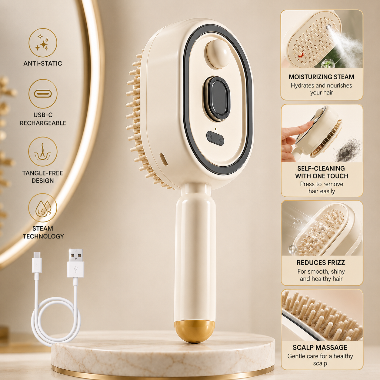 MistCare™ 3-in-1 Electric Hair Brush with Frizz Control, Gentle Detangling & Scalp Massage