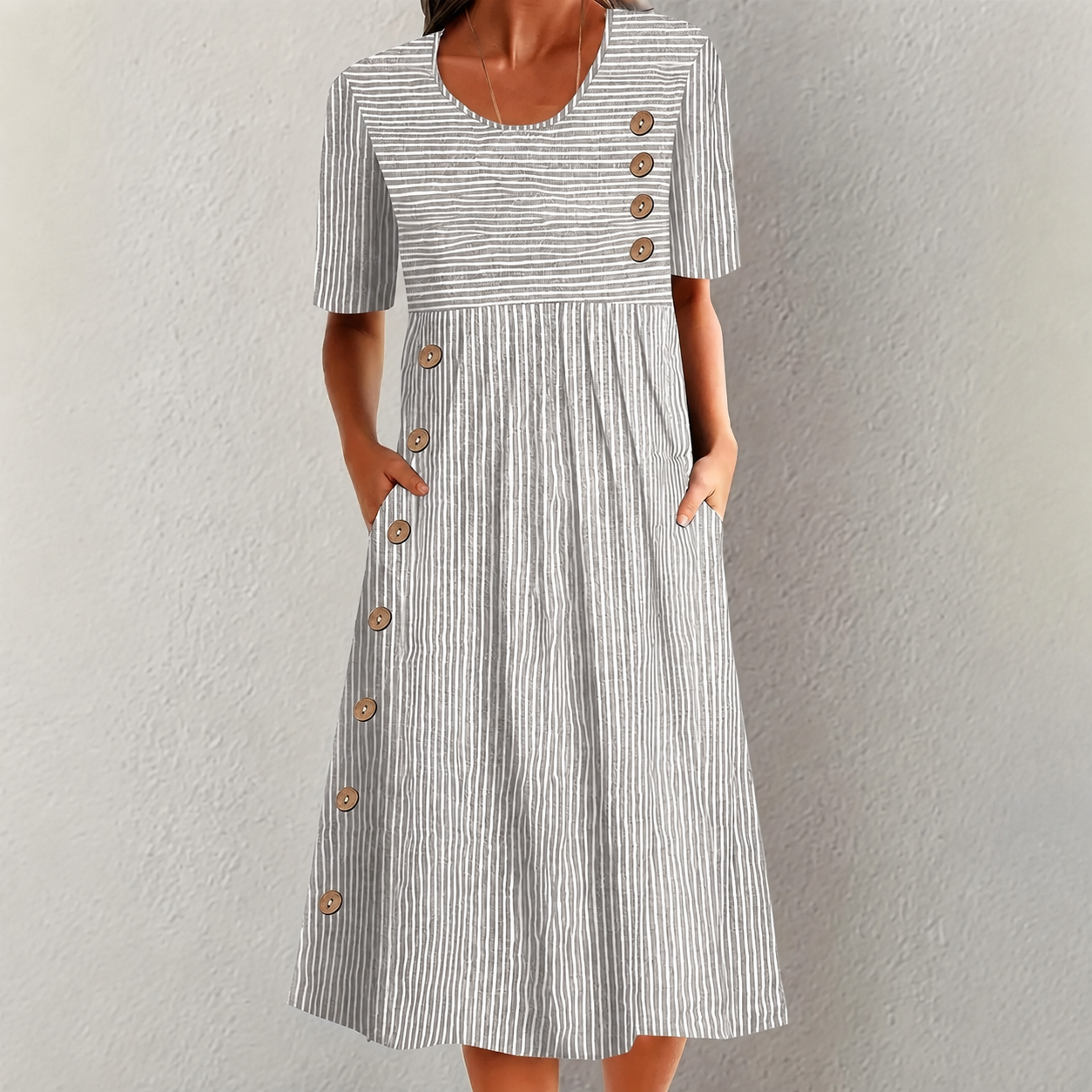 Elvanna™ Striped Dress with Decorative Button Details