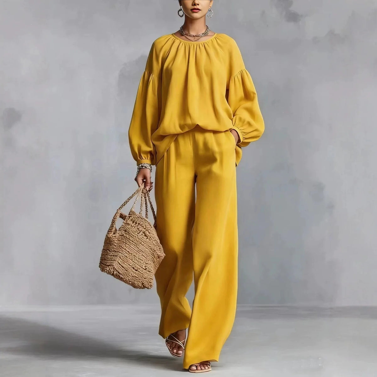 Valdora™ Two-Piece Set with Puff Sleeve Blouse and Wide-Leg Pants