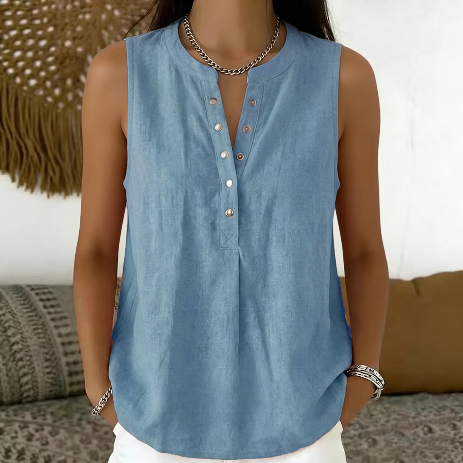 Blouse Emily™ with Round Neckline, Button-Front Detail and Sleeveless Cut