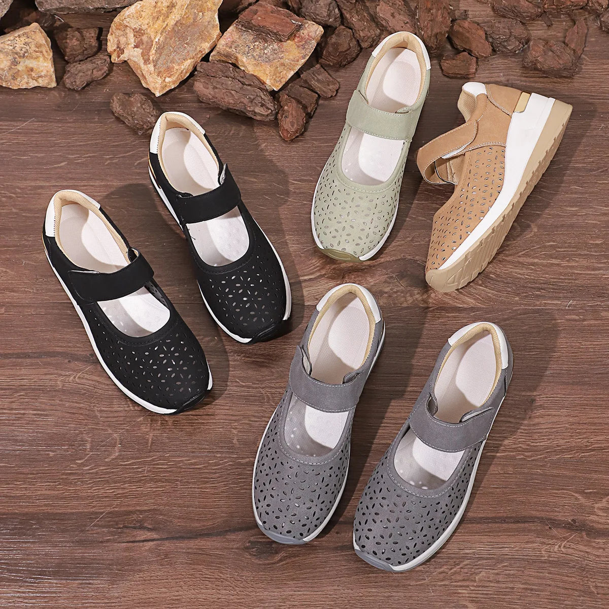 Calina™ Sneakers with Perforated Upper, Adjustable Velcro Strap and Elevated Sole