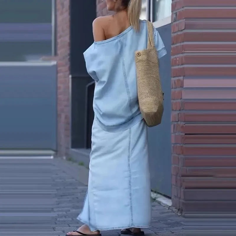 Capri Bleu™ Set with Asymmetrical Top and Lightweight Denim Skirt