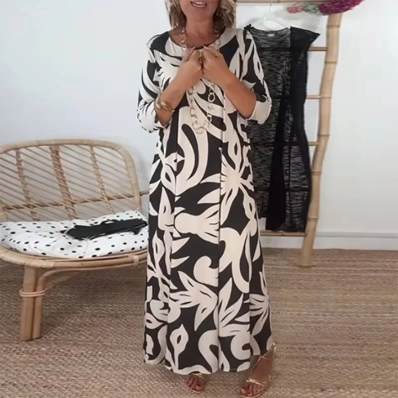 Nerina™ Long Midi Dress with Abstract Floral Print / Loose Elegance that Inspires Freedom!