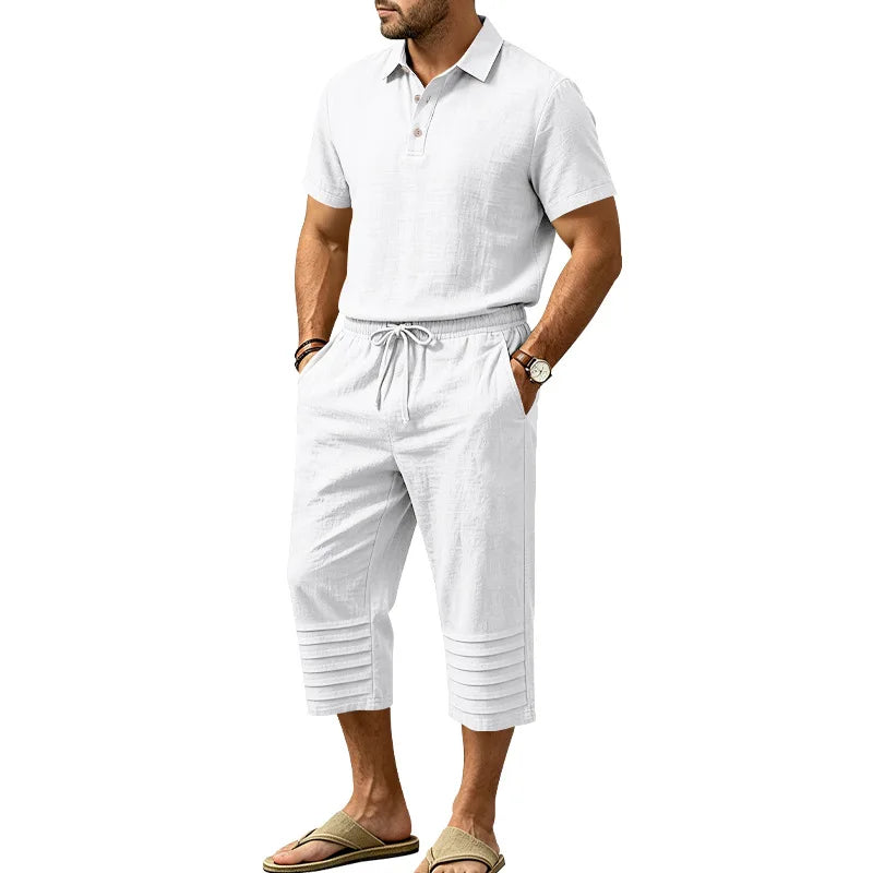 Set Owen™ Cotton Linen with Button-Front Polo Shirt and Adjustable Drawstring Waist Shorts