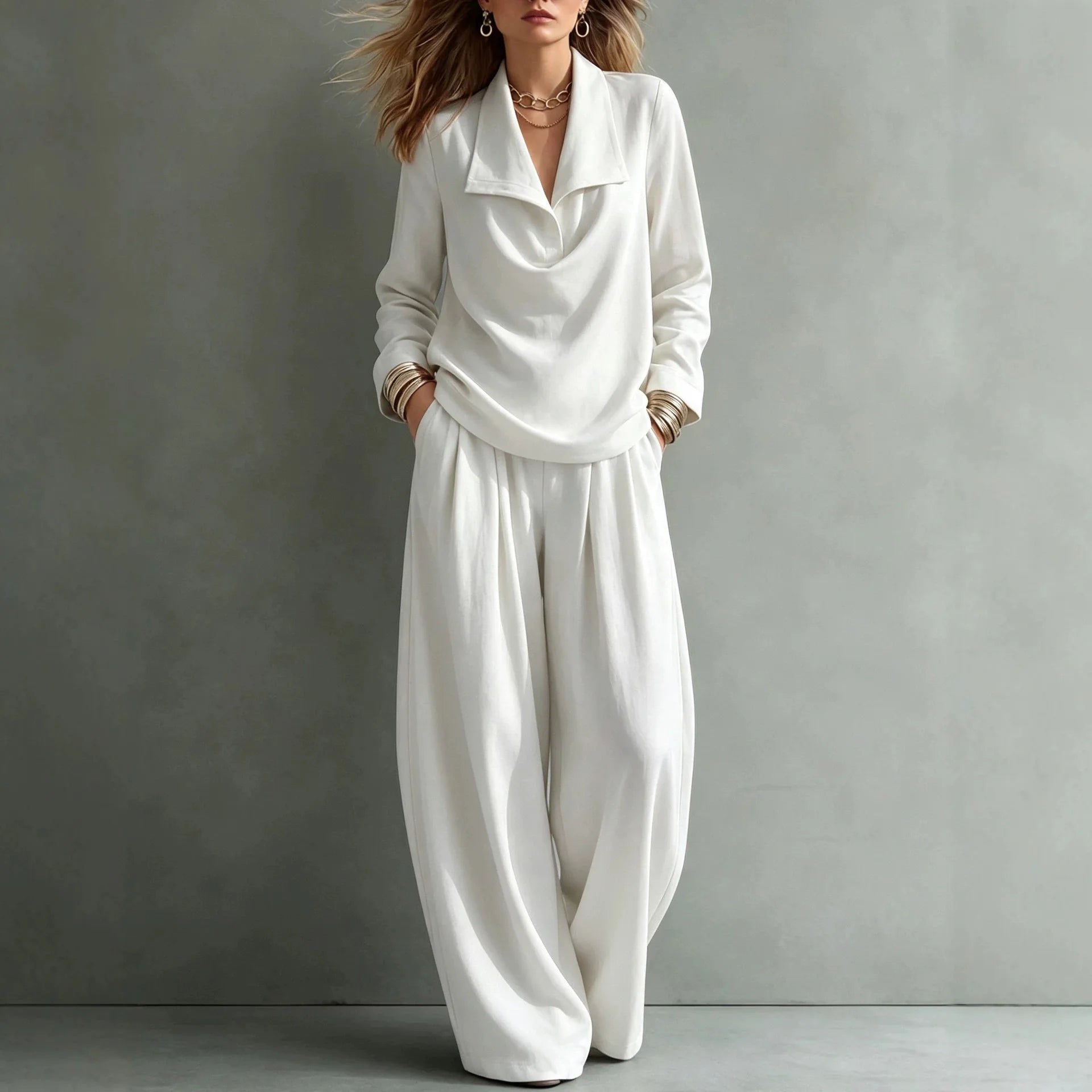 Set Sloane™ with Draped-Collar Top and Flowy Wide-Leg Pants