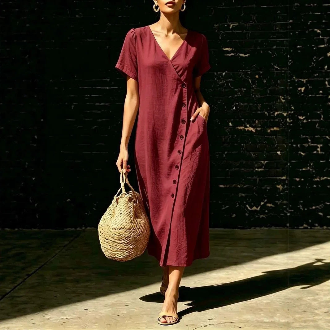 Clarisa™ V-Neck Midi Dress With Elegant Buttons