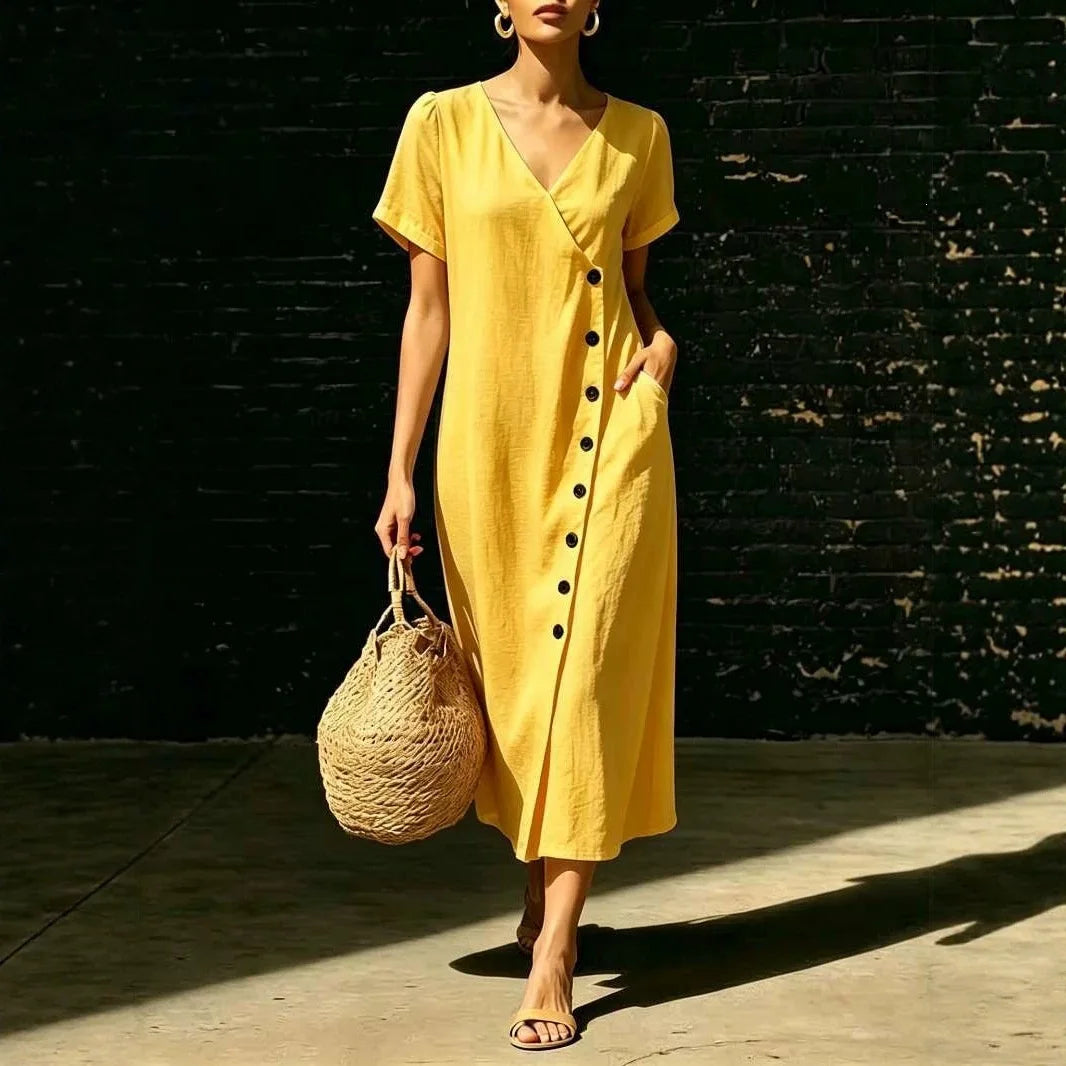 Clarisa™ V-Neck Midi Dress With Elegant Buttons