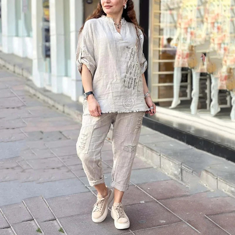 Vogue Street™ Cotton Linen Set with Metallic Print and Embroidered Cargo Pants / The Perfect Balance Between Comfort and Contemporary Style!