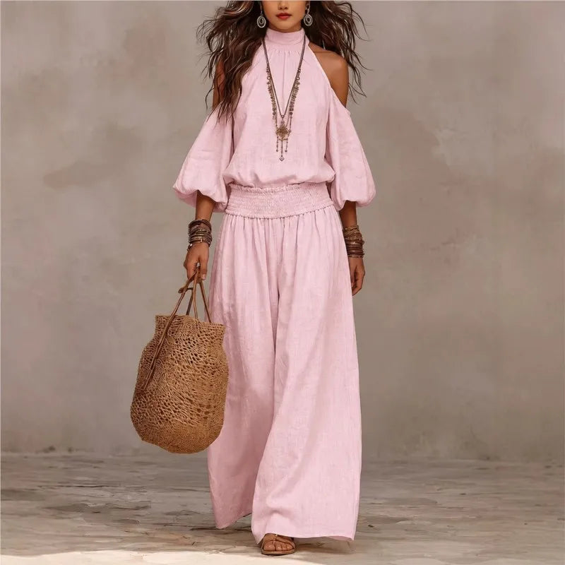 Set Oceane™ with Cold-Shoulder Top and Smocked Wide-Leg Pants.