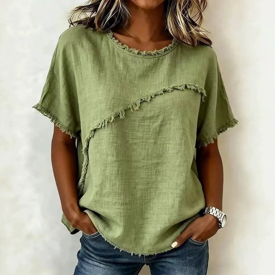 Verena™ Blouse with Asymmetrical Paneling and Frayed Trim