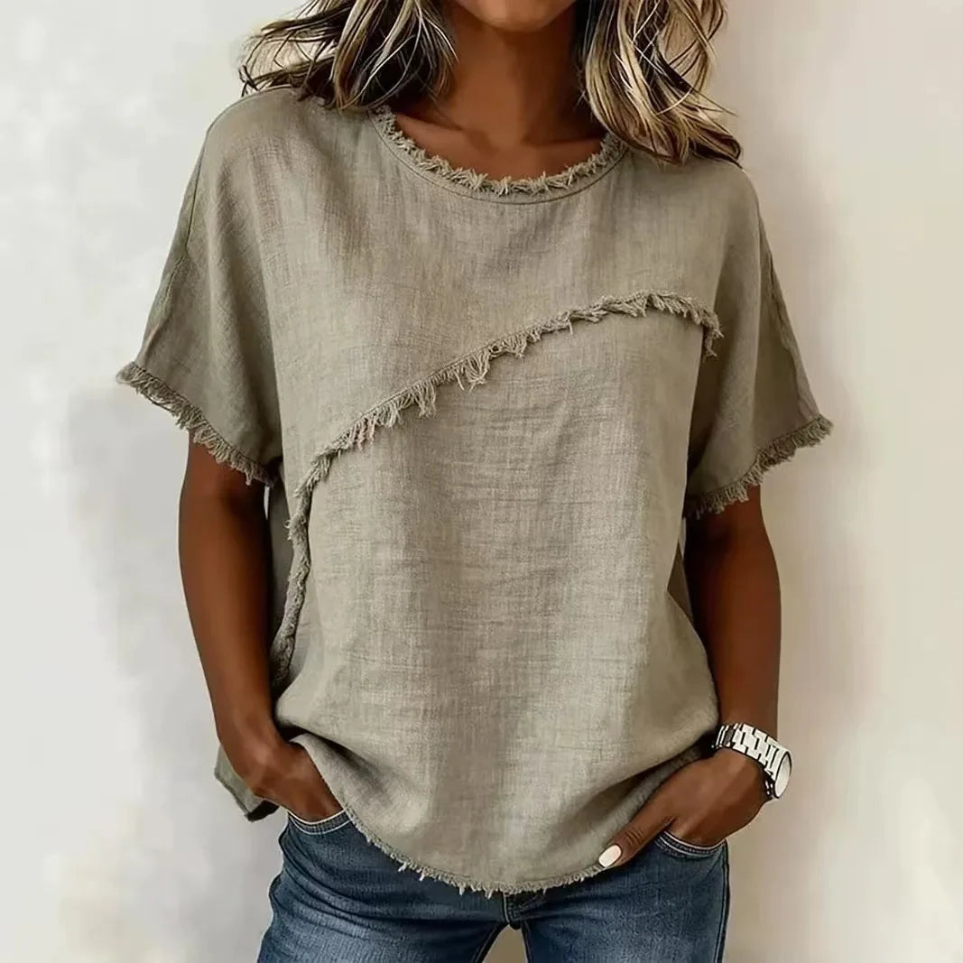 Verena™ Blouse with Asymmetrical Paneling and Frayed Trim