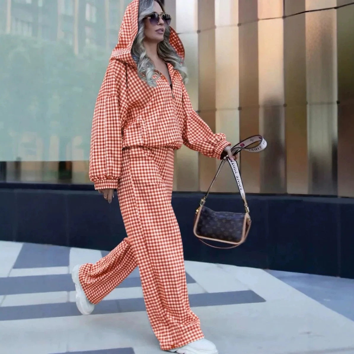 Maddalena™ Set with Oversized Hooded Top, Wide-Leg Pants and Minimalist Check Print