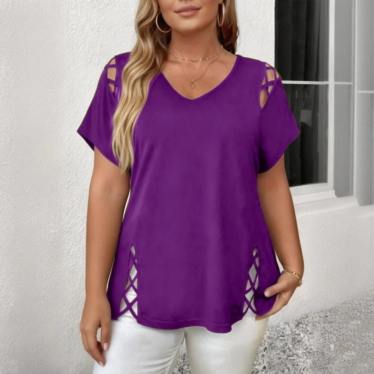 Caliria™ V-Neck Blouse with Shoulder and Side Cutout Details