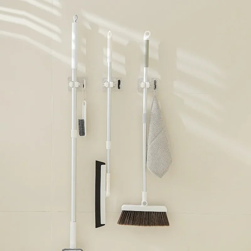 Wall Mounted Mop and Broom Holder – Adhesive Organizer with Extra Hook