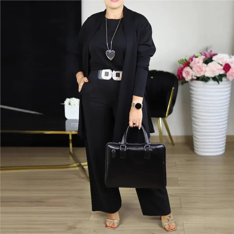 Evanna™ Set with Basic Blouse, Long Cardigan, and Perfect Fit Straight Leg Pants / Discreet Elegance that Inspires Confidence!
