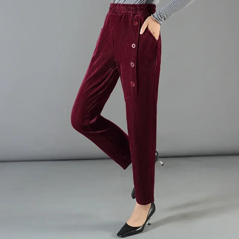 Cordelle™ Velvet Lined Pants with Decorative Buttons / Coziness and Style on Cold Days!