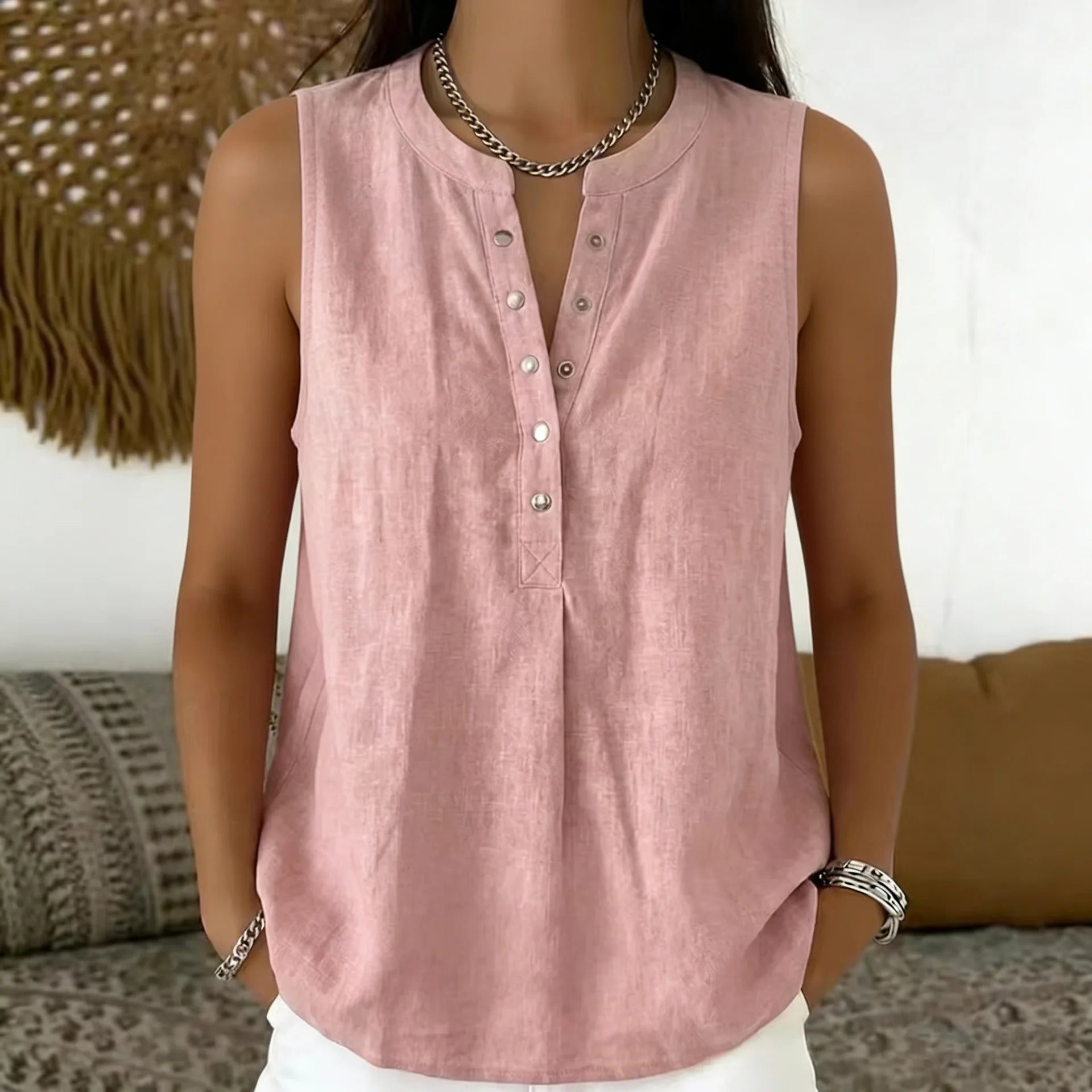 Blouse Emily™ with Round Neckline, Button-Front Detail and Sleeveless Cut