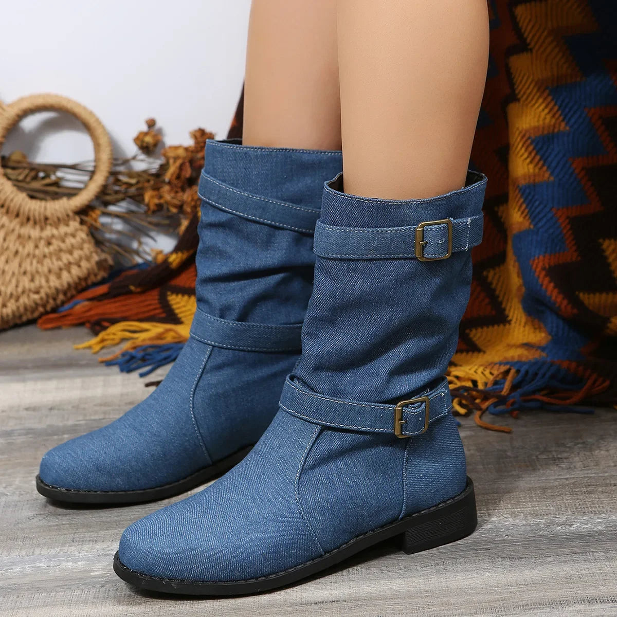 Montana™ Boots in Denim Jeans with Mid-Calf Shaft and Decorative Buckles / Authenticity and Style in Every Detail!