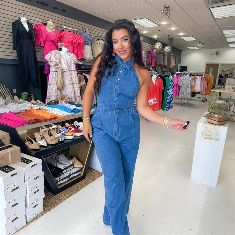 Dendara™ Denim Halter Jumpsuit with a Defined Waist and Wide-Leg Silhouette