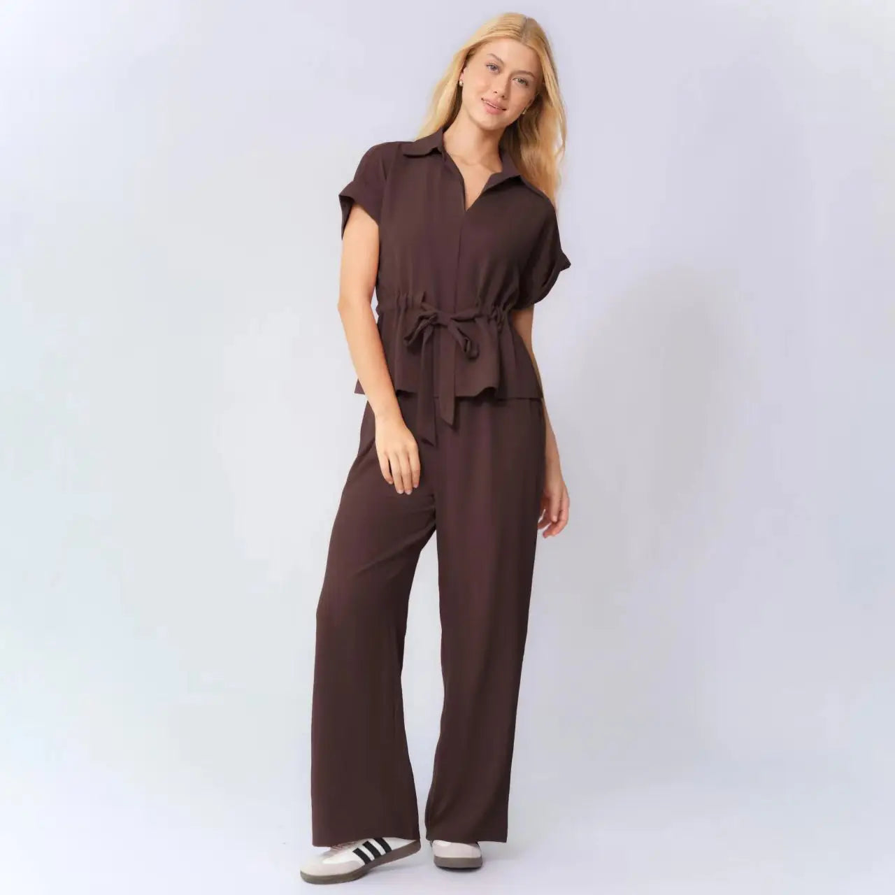 Two-Piece Set Cambria™ with Tie-Waist Top and Wide-Leg Pants.