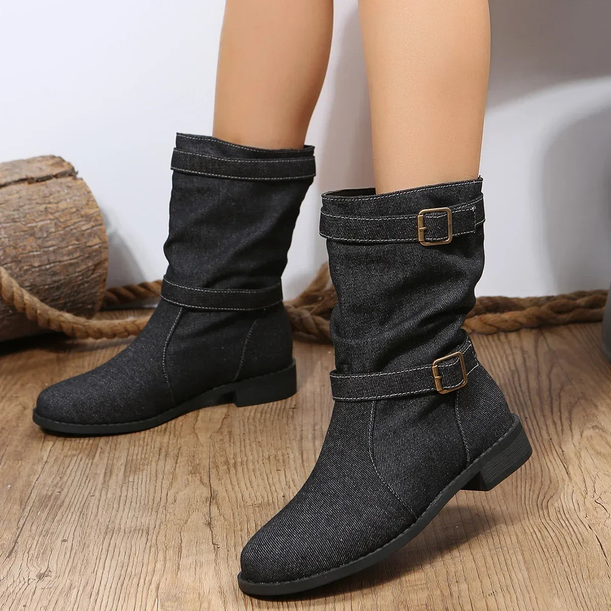 Montana™ Boots in Denim Jeans with Mid-Calf Shaft and Decorative Buckles / Authenticity and Style in Every Detail!