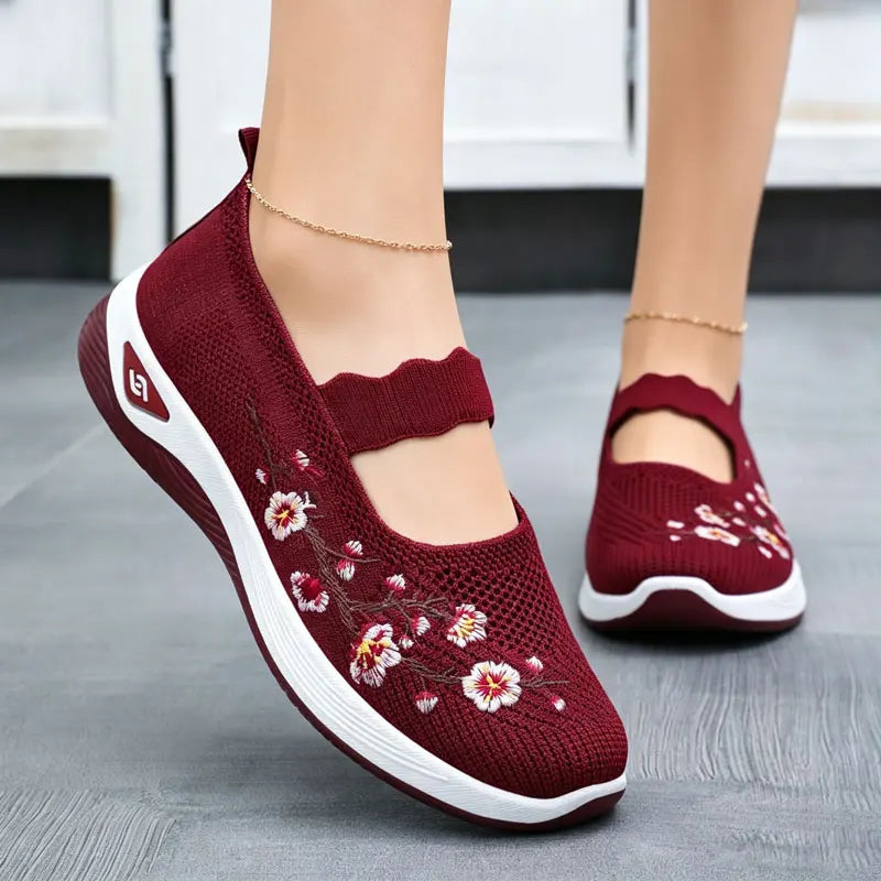 Rosalie™ Mary Jane Sneakers with Breathable Knit and Floral Embroidery