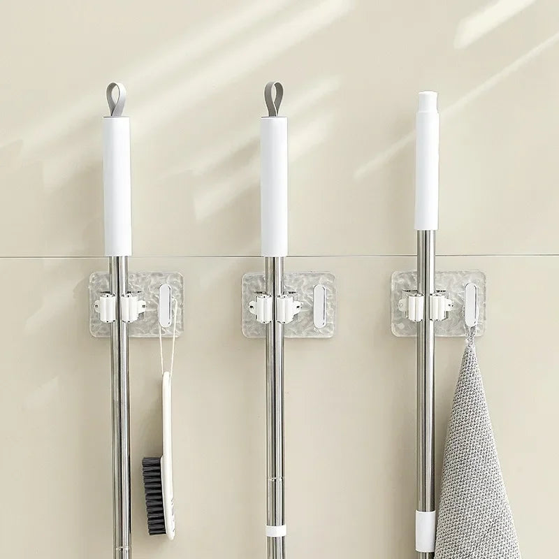 Wall Mounted Mop and Broom Holder – Adhesive Organizer with Extra Hook
