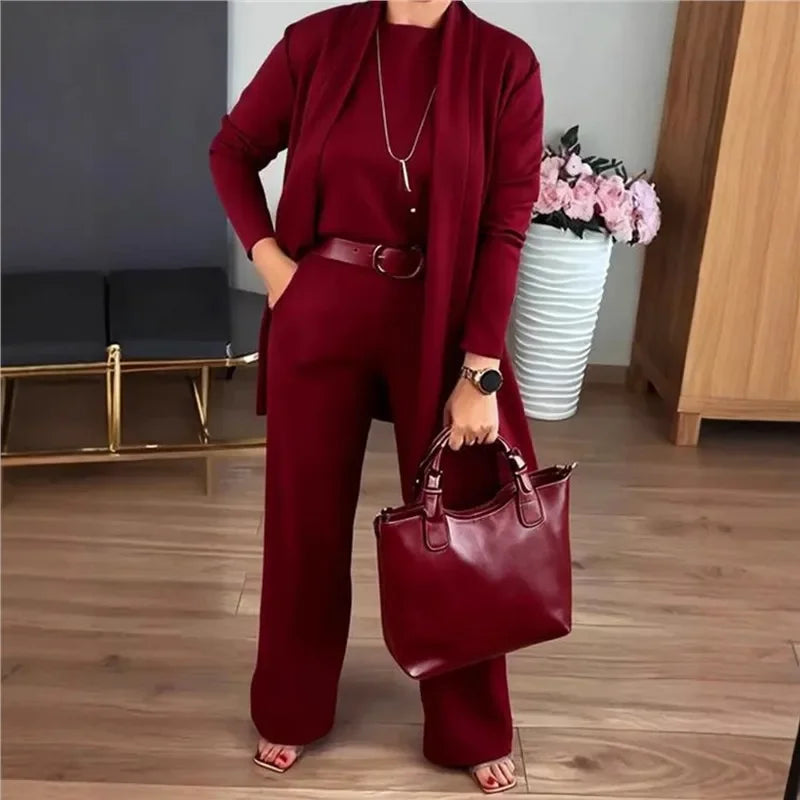 Evanna™ Set with Basic Blouse, Long Cardigan, and Perfect Fit Straight Leg Pants / Discreet Elegance that Inspires Confidence!