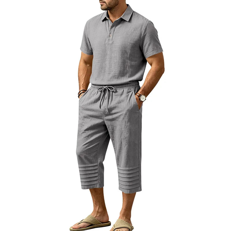 Set Owen™ Cotton Linen with Button-Front Polo Shirt and Adjustable Drawstring Waist Shorts