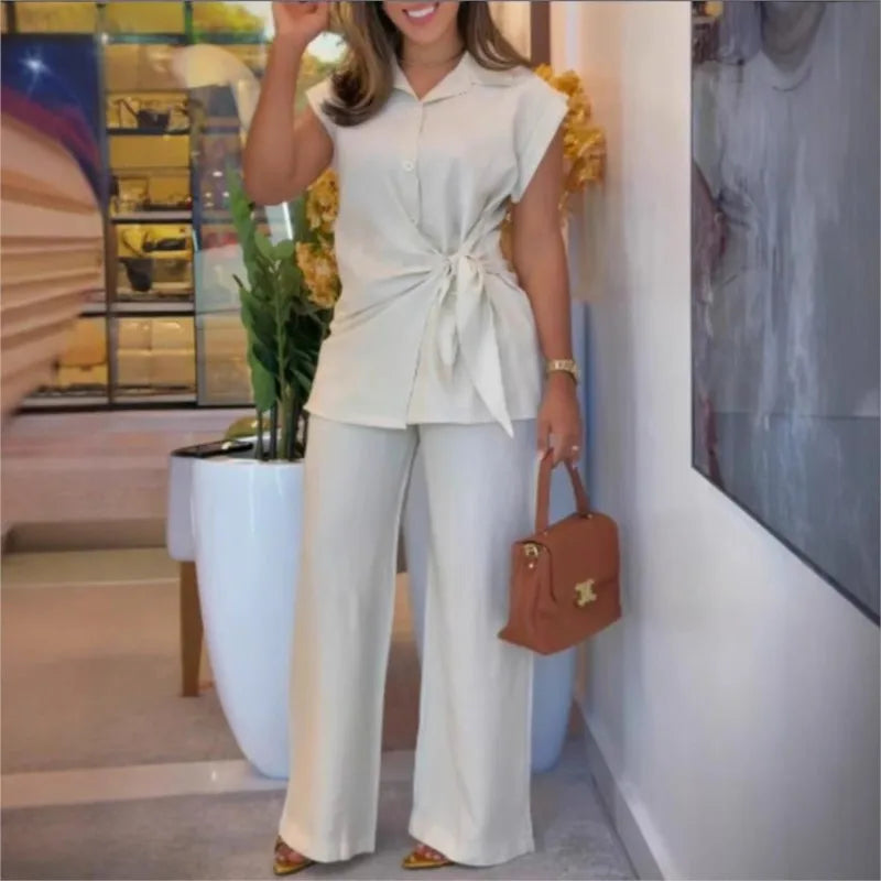 Women's Cotton Blend Set and Shirt with Bow Detail / Contemporary Tailoring with a Feminine Touch of Precision!