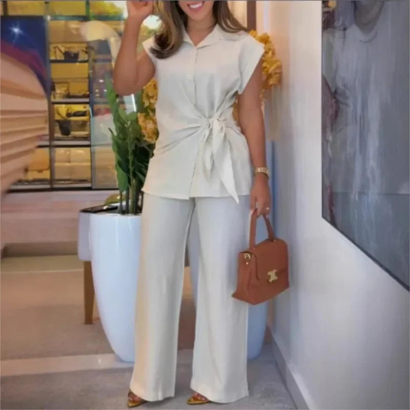 Women's Cotton Blend Set and Shirt with Bow Detail / Contemporary Tailoring with a Feminine Touch of Precision!