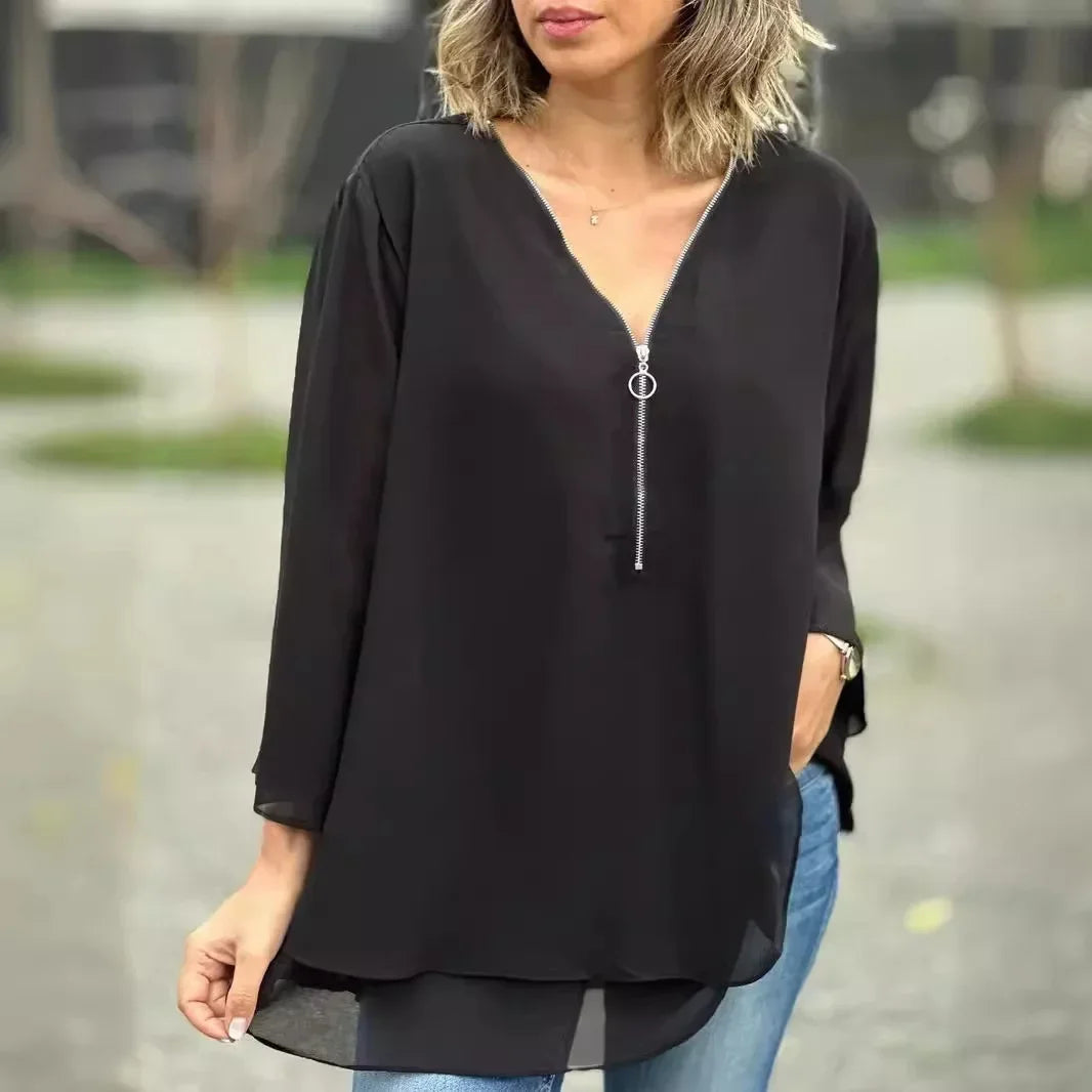 Seraphina™ Blouse in Flowing Fabric with Adjustable V-Neck and Double-Layer Hem / Lightweight, Cool, and Incredibly Versatile!