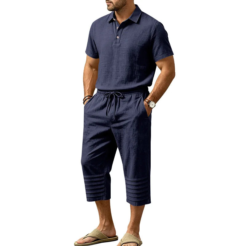 Set Owen™ Cotton Linen with Button-Front Polo Shirt and Adjustable Drawstring Waist Shorts
