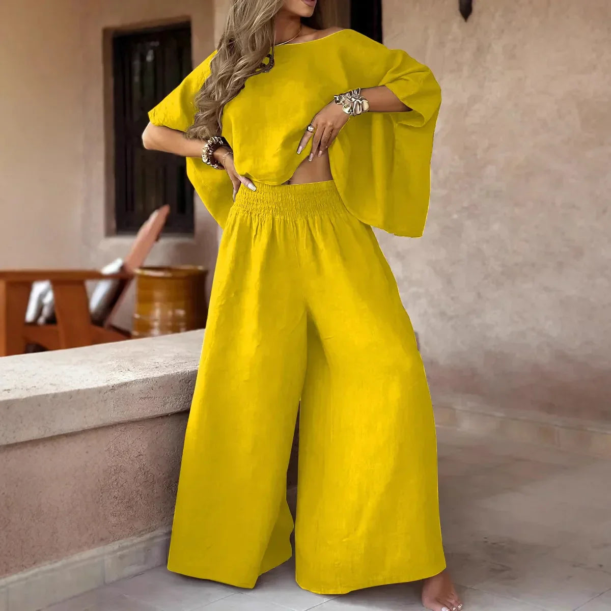 Horizon™ Set in Cotton Linen with Bat Sleeves and High Waist / The Sophistication of a Style that Breathes Lightness!