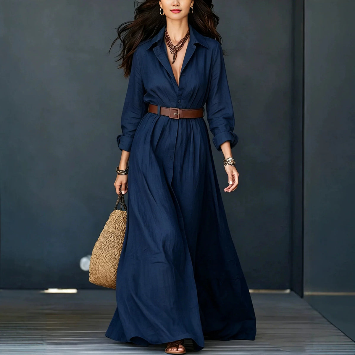 Delfina™ Dress with Elegant Collar, Minimalist Buttons and Complimentary Belt
