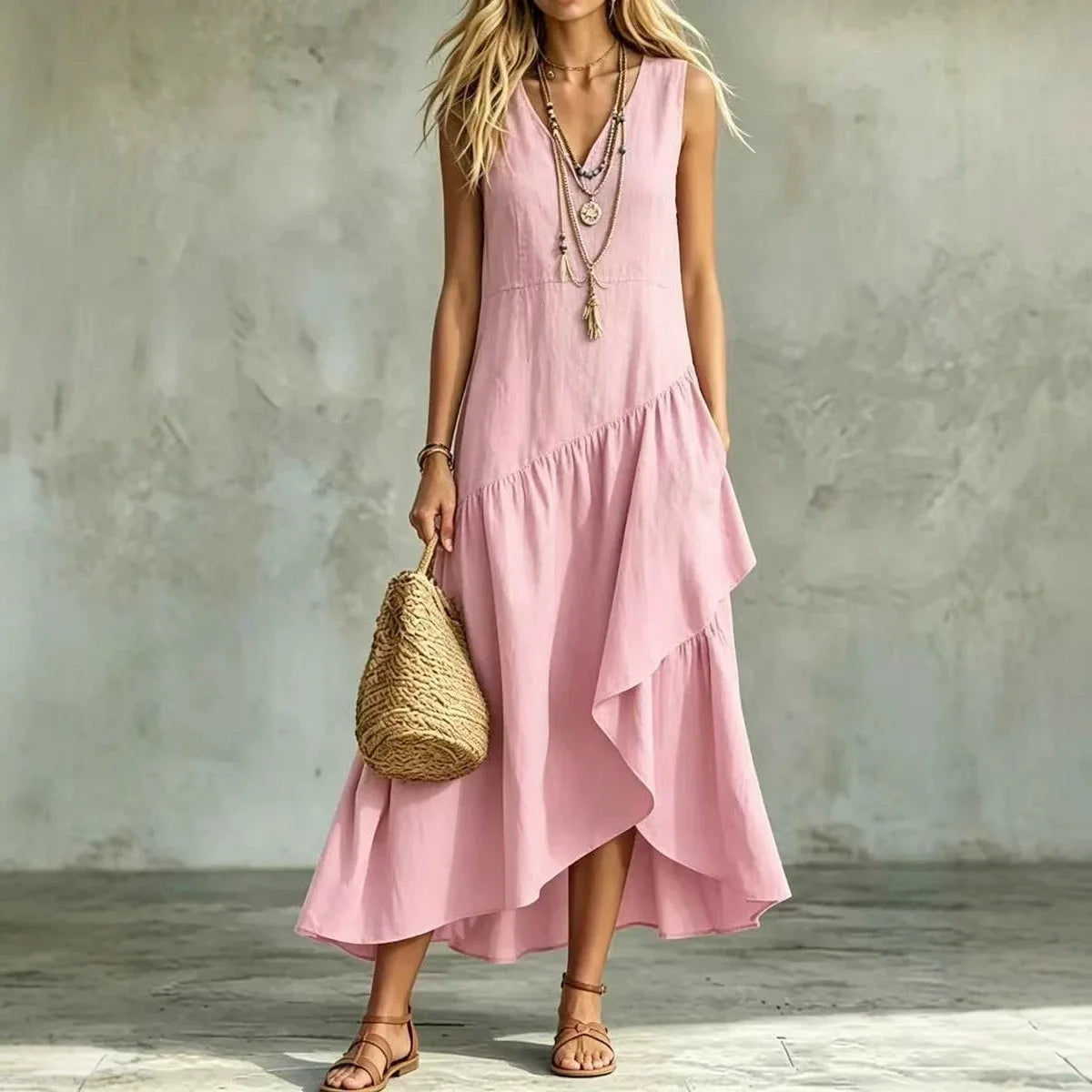 Liorah™ V-Neck Dress with a Flowing Layered Asymmetrical Skirt