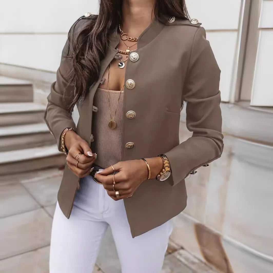 Jacket Adelaide™ with Stand Collar, Button-Front Closure and Shoulder Details