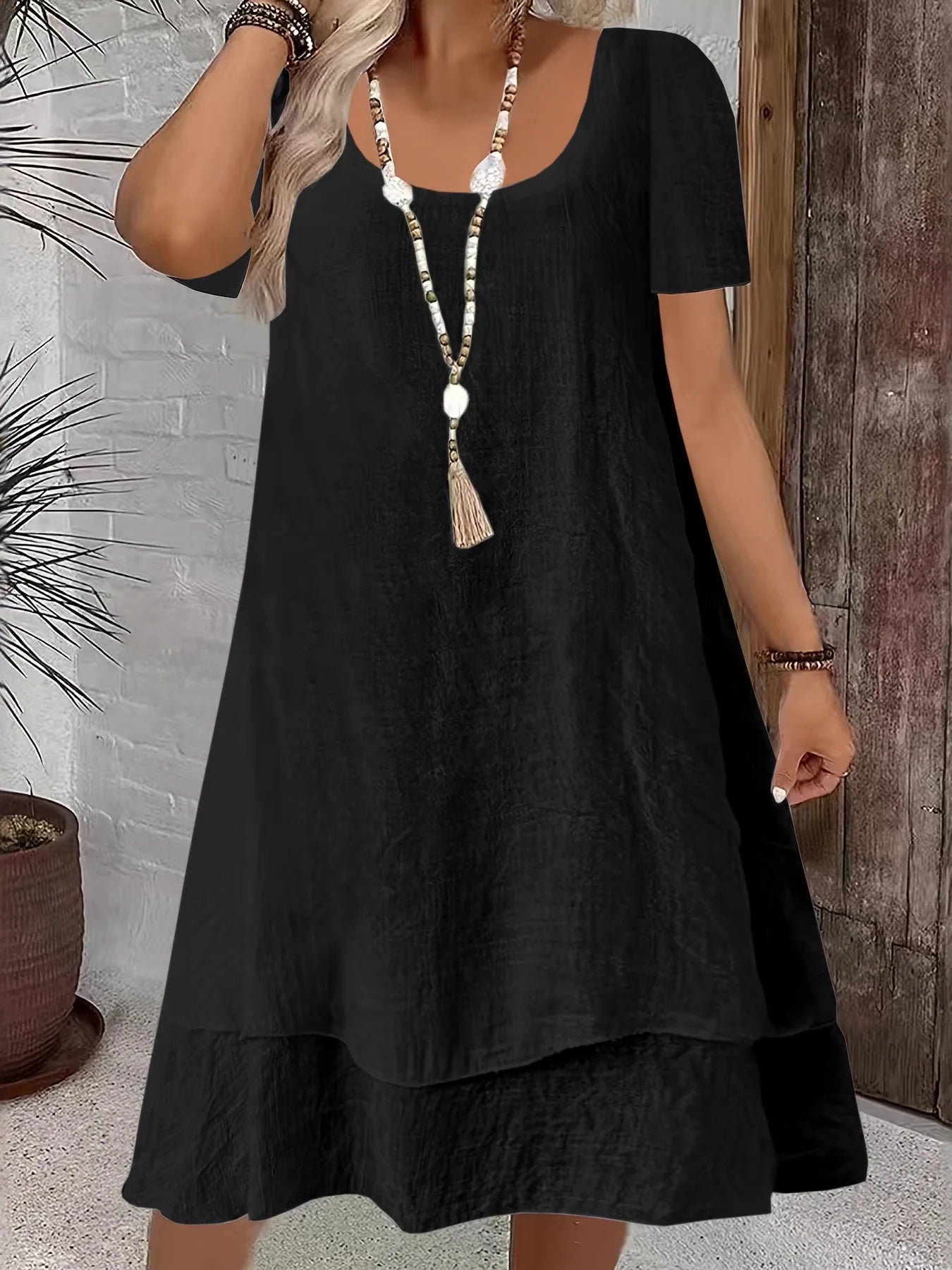 Elara™ Midi Dress with Elegant Neckline, Short Sleeves and Layered A-Line Skirt