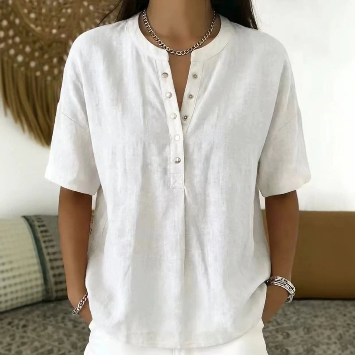 Ambrina™ Cotton-Linen Blouse with Delicate Front Buttons at the Neckline and Relaxed Fit