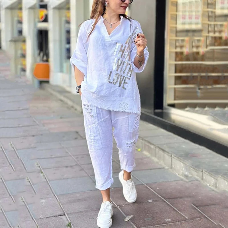 Vogue Street™ Cotton Linen Set with Metallic Print and Embroidered Cargo Pants / The Perfect Balance Between Comfort and Contemporary Style!
