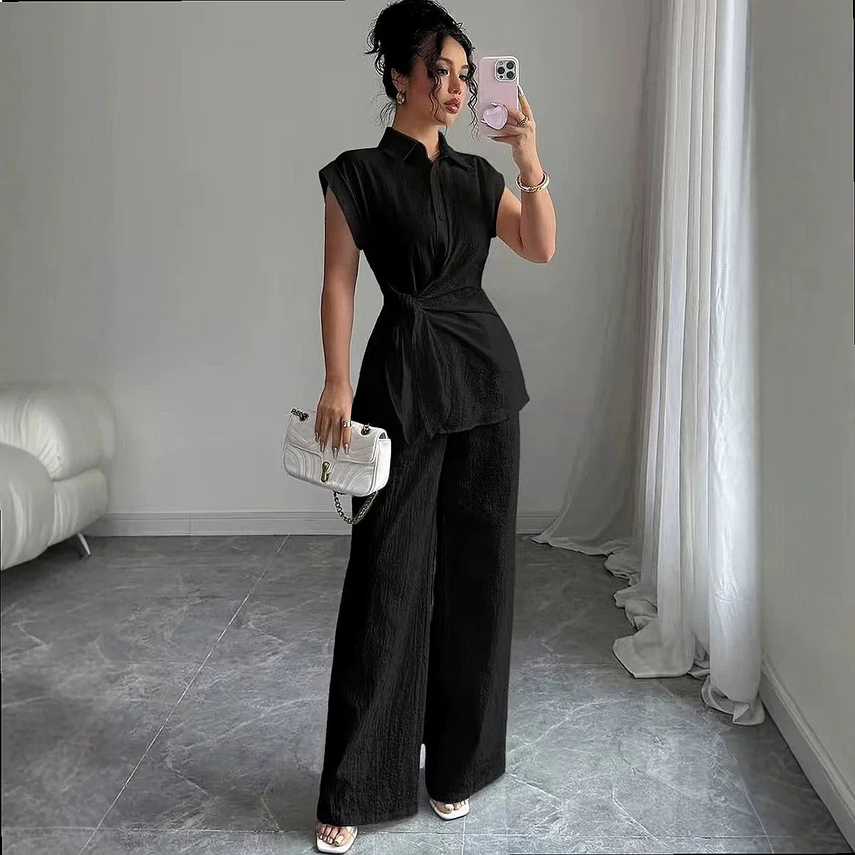 Set Elspeth™ with Button-Front Shirt and Wide-Leg Pants