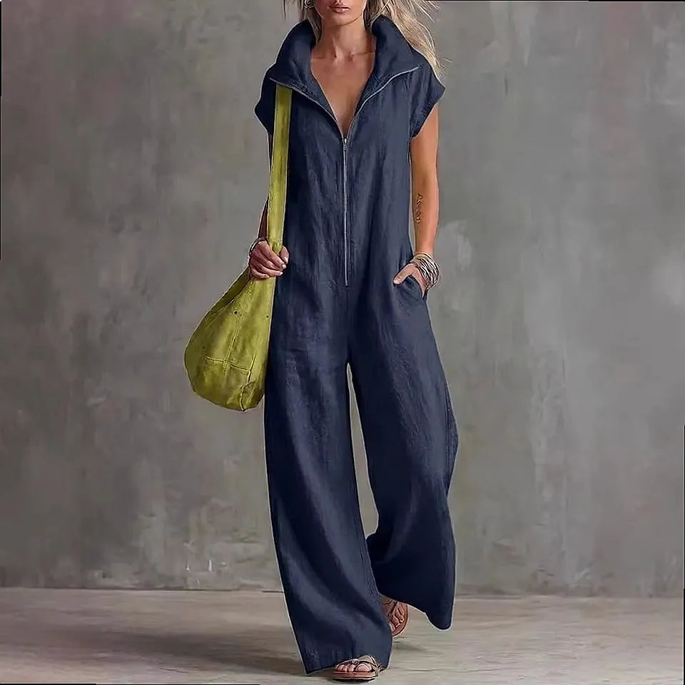 Orlina™ Cotton-Linen Jumpsuit with Front Zipper and High Collar