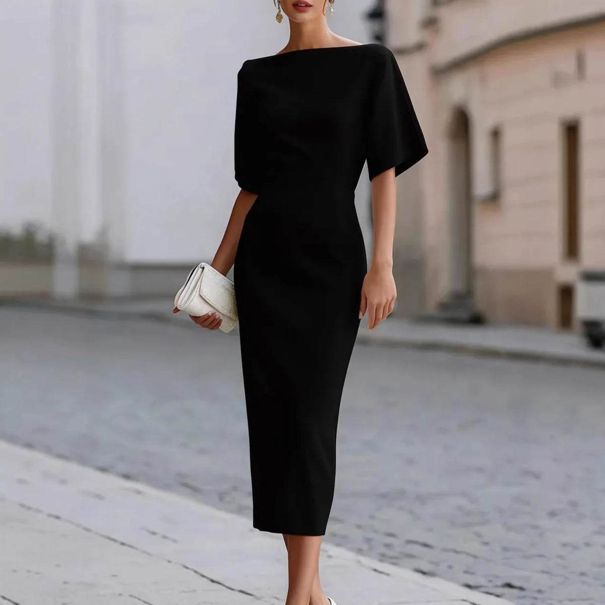 Estelina™ Dress with Defined Waist, Wide Sleeves and Boat Neckline
