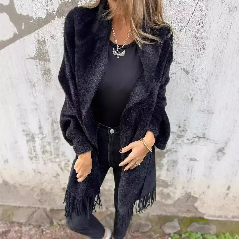 Valmonté™ Blanket Coat in Cozy Knit with Fringes and Handcrafted Finish / Winter Softness Meets French Elegance!