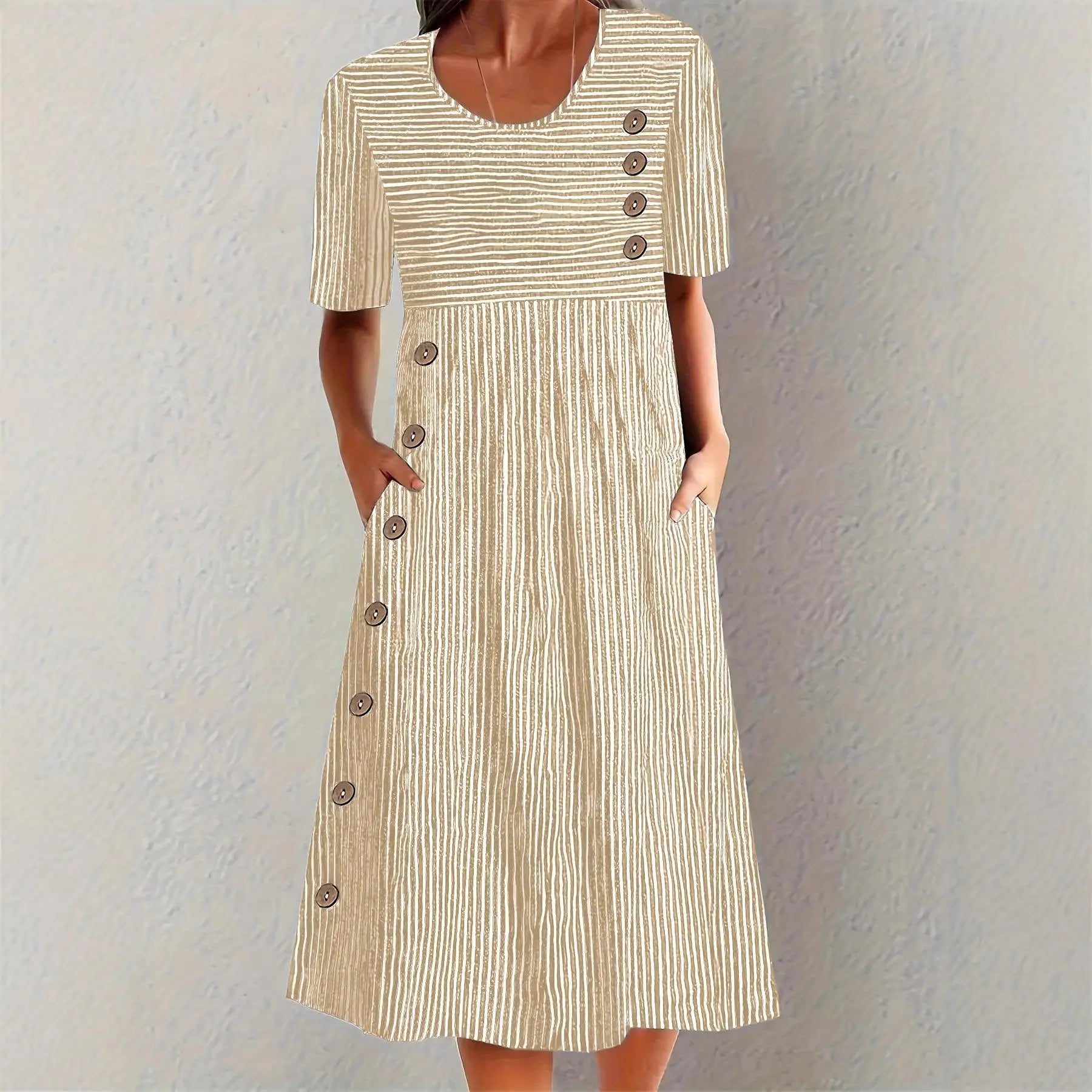 Elvanna™ Striped Dress with Decorative Button Details